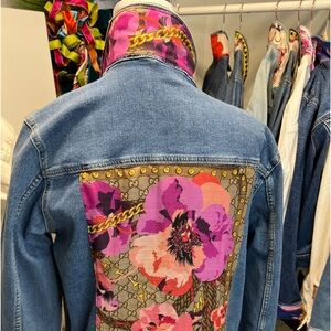Denim jacket embellished with authentic Gucci scarf.